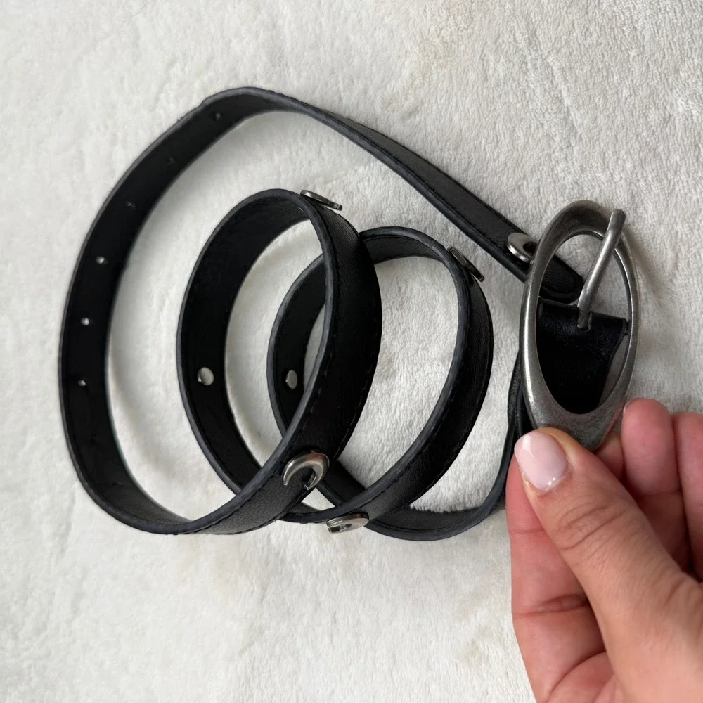 Womens Black Faux Leather Slim Belt Silver Crescent Moon Studs Oval Buckle Y2K
